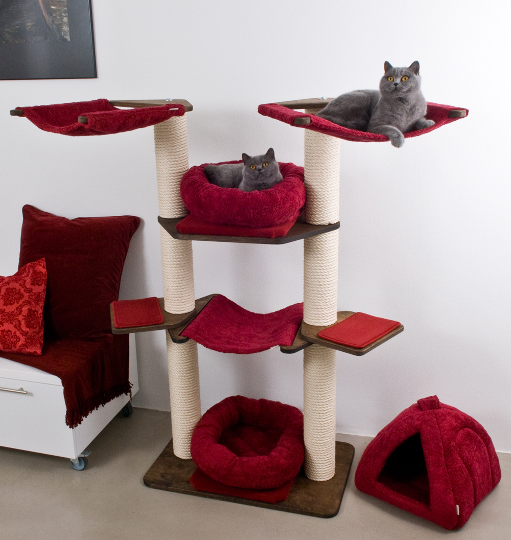 Katzenbaum Eiche, Rubinrot mit Katzenbett Feline
